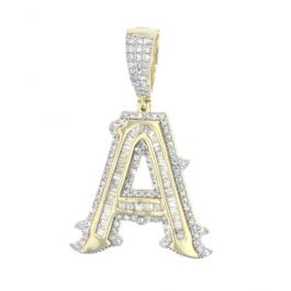10K Gold Diamond Letter A Pendant Alphabet Letter Cham 1ctw Diamond Baguette and Round