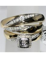 Trio Set Bride and Grooms Yellow Gold 0.15ct 10K Mens and Womens Ring Square Top