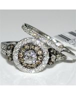 Cognac and White Diamond Wedding Set Round solitaire center with brown halo 1ct 14K Whtie Gold