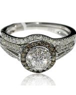 Wedding Set 0.75ct 14K White Gold Cognac diamond halo with round solitaire center