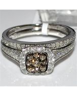 Cognac and White diamond Bridal Set .75ct 14K White Gold Square Halo top