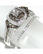 Bridal Set cognac and white Diamonds 2 piece set 14K White Gold 1ct brown halo
