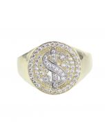 10K Gold Mens Fashion Ring with CZ Dollar Sign Ring Round Shaped Pinky Ring 16mm Wide 
