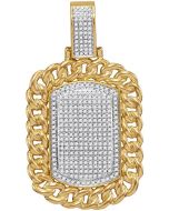10kt Yellow Gold Mens Diamond Cuban Link Frame Outline Dog Tag Cluster Charm Pendant 7/8 Cttw 