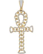 10kt Yellow Gold Mens Diamond Ankh Cross Cuban Link Charm Pendant 7/8 Cttw 