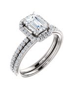 14K White 7x5 mm Emerald Engagement Ring Mounting and Matching Band Set