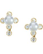 Childrens Pearl And Cz Cross Earrings With Backs 14K Yellow Gold Pair Children'S Pearl & Cz Cross Earrings W/ Backs