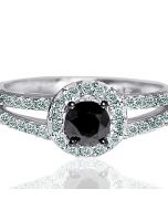 1ct Black diamond Wedding Ring split shoulder halo Round solitaire white gold