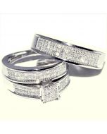 White Gold Trio Wedding Set Mens Womens Wedding Rings Matching 0.40ct W Diamond