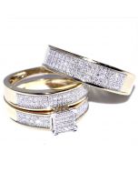 Yellow Gold Trio Wedding Set Mens Women rings real 0.4ct diamonds princess pave