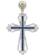 10kt White Gold Mens Blue & Yellow Colored Diamond Cross Charm Pendant 1-1/2 Cttw