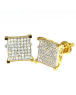 Mens Stud Earrings Large Screw Back Yellow Gold Finish 10mm Wide Princess Cut Style