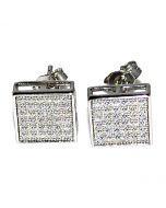 Princess cut style Earrings Round pave set Sterling Silver 9mm Wide Large Mens studs