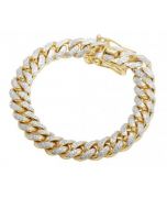 Cuban Link Bracelet Miami Link 6mm Wide 9 Inch Long With Simulated Diamonds Pave Set 14K Gold Finish Silver
