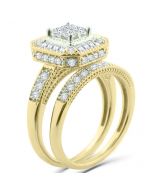 14K Gold Princess Cut Bridal Set Lage Halo Baguette and Round Diamonds 1.00ctw 