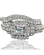 Princess cut Wedding Set Vintage inspired 14K White Gold .33ct Solitaire 1ctw 