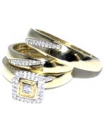 Real Diamond Trio Wedding Set 3pc Men & Womens Ring + Band 10k Yellow Gold .15ct
