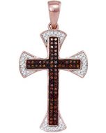 10K Rose Gold Diamond Cross Pendant With Cognac Brown and White Diamonds 1/4cttw 30mm Tall