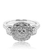 0.99ct Bridal Wedding Ring 10K White Gold 11mm Wide Double Halo 3 Stone Style