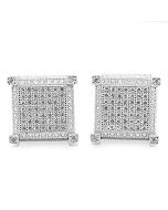 Mens Stud Earrings Silver Silver Large Ice Cube CZ Screw Back 12MM