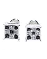 Stud Earrings Sterling Silver Square Shaped Black And White CZ Screw Back 9MM