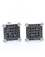 Mens Stud Earrings Black CZ Square Screw Back 10.5MM Sterling Silver