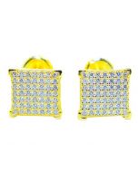 Mens Stud Earrings Gold-Tone Square Princess Shaped Pave CZ Screw Back 9.5MM