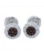 Womens Stud Earrings Brown and White CZ Screw Back 8MM Sterling Silver