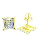 Mens Stud Earrings Gold-Tone Yellow and White CZ Kite Screw Back 9MM Sterling Silver