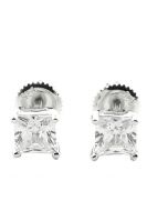 Stud Earrings Silver Princess Cut Solitaire 4-Prong CZ Screw Back 6.5MM