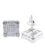 Mens Stud Earrings Sterling Silver Square Shaped Pave Fashion CZ Screw Back 10.5MM