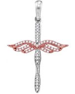10K White Gold Cross With Diamonds and Rose Gold Tone Angel Wings 1/6cttw 30mm Tall