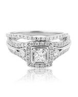 14K White Gold Wedding Ring Vintage Princess Cut Diamond Solitaire 9mm Wide 2pc Set 0.99cttw(i2/i3, i/j)