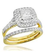 14K Yellow Gold Bridal Wedding Set 1.50cttw Diamonds Princess Cut Solitaire 0.60ct Center Double Halo(i1/i2, i/j)