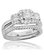 1.00ctw Diamond Bridal Wedding Ring Set 14K White Gold Princess Cut 3 Stone Center(i2/i3, i/j)