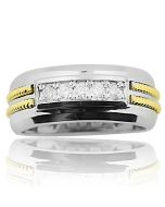 Mens Wedding Ring 9mm Wide Two Tone 10K White Gold With Yellow Gold Tone 1/4ctw(i2/i3, i/j)