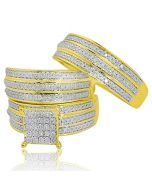 10k Yellow Gold His and Her Trio Diamond Wedding Ring Set 0.79cttw Diamonds 21mm Wide