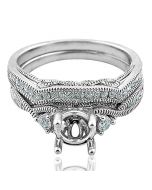 14K White Gold Wedding Ring Set Semi Mount 1/3ctw Diamonds Fits 1ct Round Solitaire (i2/i3, I/j)