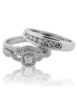 Princess Cut Diamond Bride and Grooms Wedding Ring Trio Set 10K White Gold(i2/i3, i/j