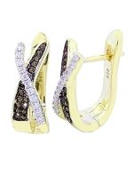 Ladies Earrings Hoops Yellow Gold Tone Criss Cross Cognac and White Cz 17mm Sterling Silver