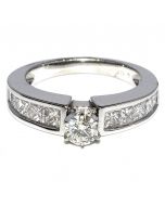 18K White Gold Bridal Engagement Ring 1.4ct w Diamonds Round & Princess Cut