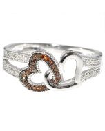 Heart Ring twin hearts Cognac and White Diamonds, 10K White Gold 0.15ct