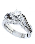 Cognac And White Diamond Bridal Set 14K White Gold 0.87ct 0.33ct Solitaire Center