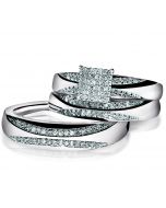 Trio set White Gold wedding ring men women real diamond .33ctw pave set matching