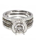 White and Brown Diamonds Wedding Ring Set Semi Mount 0.94ct 14K White Gold