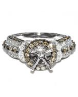 2.25ct Diamond Semi Mount Ring Cognac Brown White Diamonds 14K White Gold Halo Style Fits 1ct Princess Cut