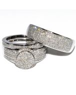 His and Her Bridal Rings Set Trio 0.65ct 10K Yellow Gold Halo Style Wedding  Ring + Mens Wide Wedding Band