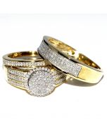 His and Her Bridal Rings Set Trio 0.65ct 10K Yellow Gold Halo Style Wedding Ring + Mens Wide Wedding Band