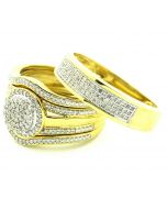 His and Her Bridal Trio Rings Set 4 Piece 10K Yellow Gold 0.78ct Diamonds 16mm Wide Halo Style