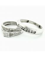 0.75ct Diamond Trio Rings Set White Gold His and Her rings Princess Cut diamonds